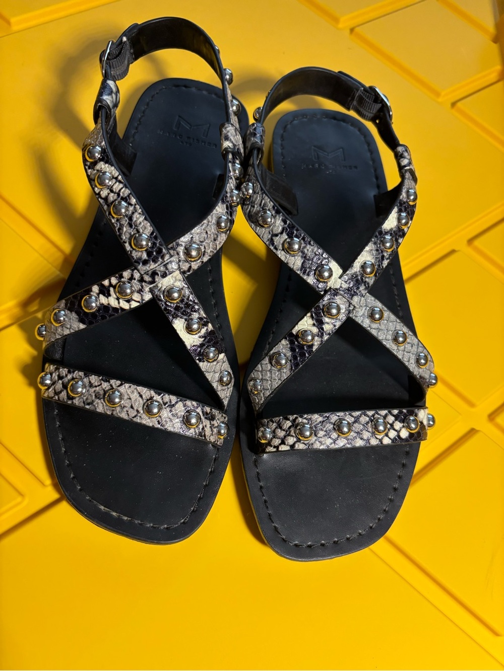 Marc Fisher Black Sandals with Snake-Print Studded Straps